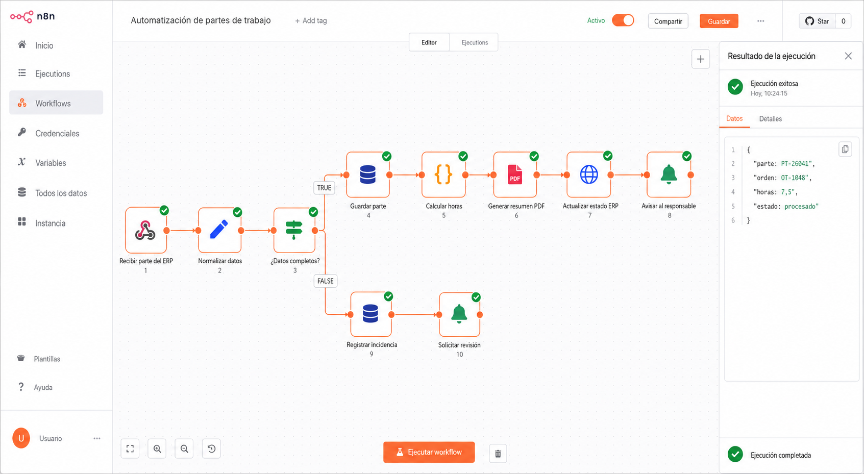 Flujo de n8n para automatizar el tratamiento de partes de trabajo