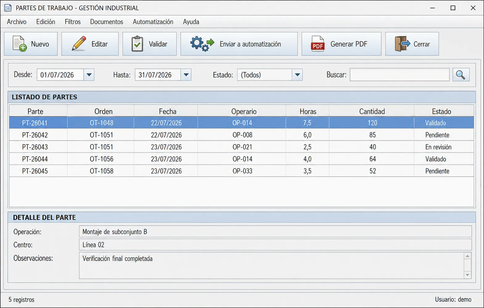 Pantalla anonimizada de gestión de partes de trabajo en un ERP Java industrial