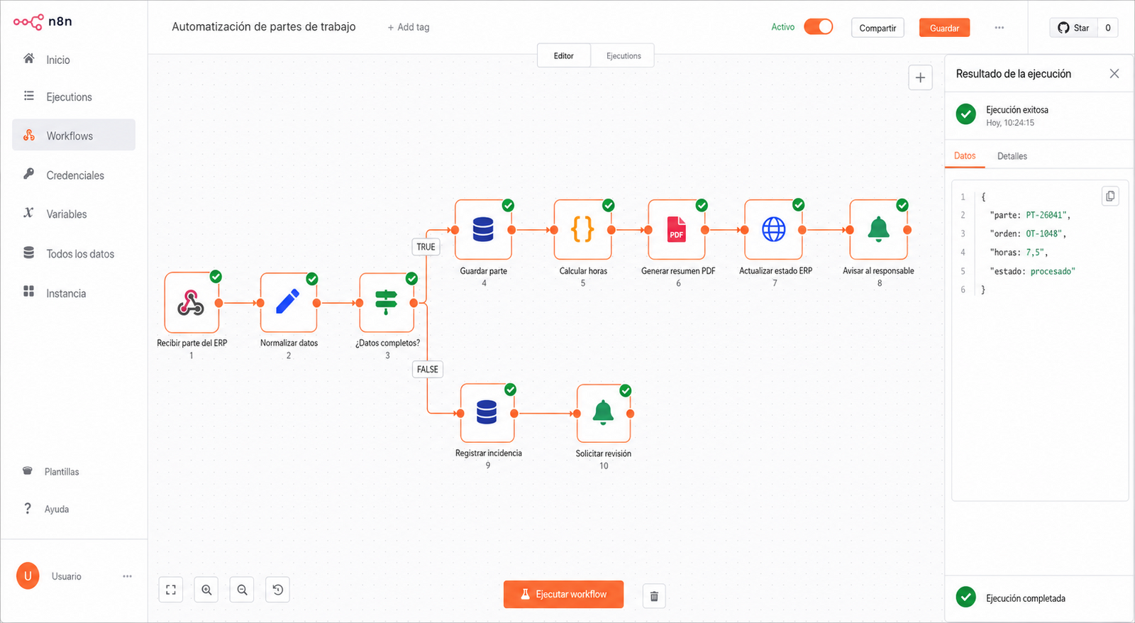 Flujo anonimizado de n8n para tratar partes de trabajo