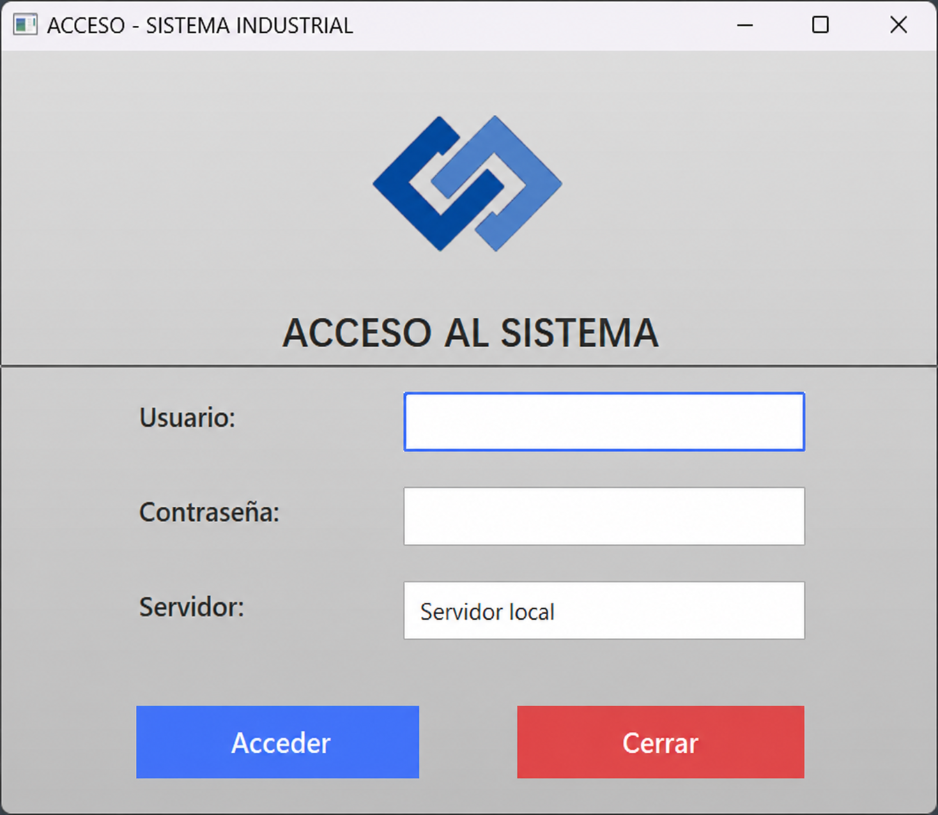Pantalla anonimizada de acceso a un ERP Java industrial