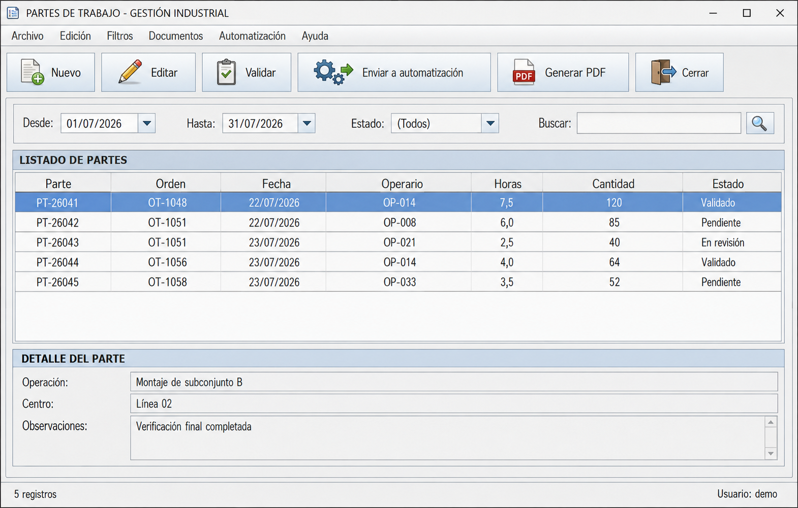 Gestión anonimizada de partes de trabajo en un ERP Java
